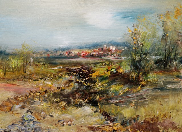 City across the lake, oil painting artistic background